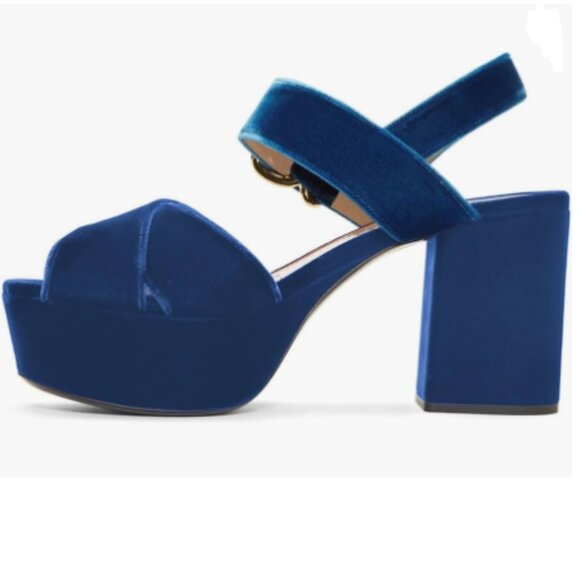 FSJ Blue Velvet Peep Toe Chunky High Heels Platform Sandals Ankle Strap Shoes - Picture 1 of 8